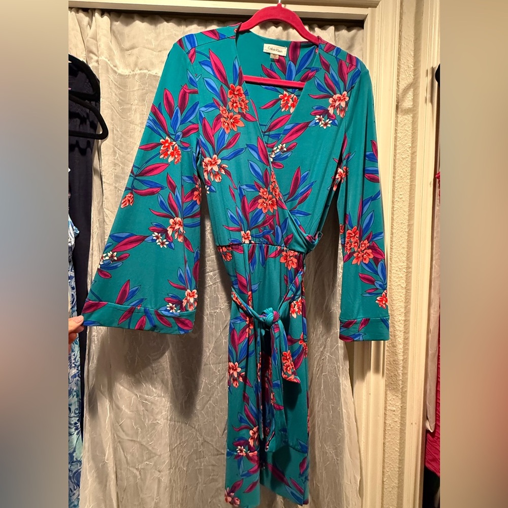 Floral faux Wrap Dress in Teal and Red